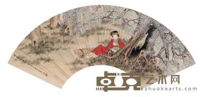 管平湖 1925年作 花荫仕女 扇面片 22.5×70cm